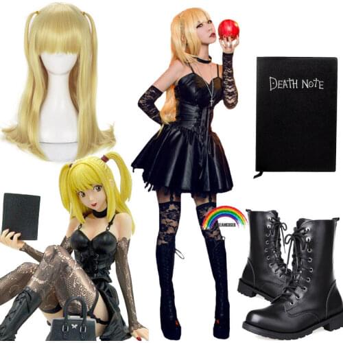 4 PICS Death Note Misa Amane Imitation Leather Sexy Tube Tops Lace Dress Uniform Outfit Anime Cosplay Costumes WIGS NOTRBOOK