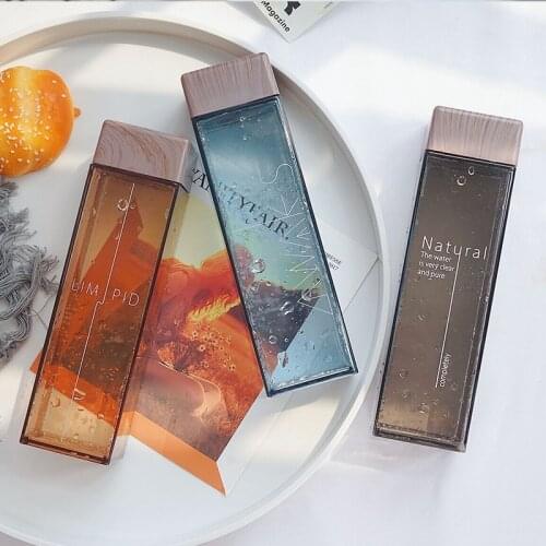 Square Tea Milk Fruit Plastic Water Cup 480ml for Water Bottles Drink with Wood Grain Cup Lid Transparent Sport Korean Style