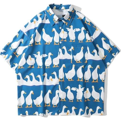 LACIBLE Streetwear Duck Print Short-Sleeved Shirt Men Harajuku Hawaiian Shirt Summer Casual Tee Pocket Shirts Women Unisex Tops