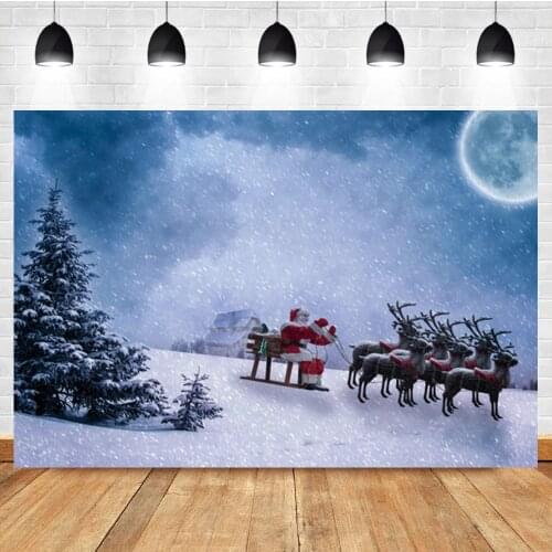 Laeacco Winter Christmas Snow Landscape Reindeer Santa Claus Moon Photo Background Photographic Backdrop For Photo Studio