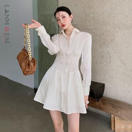 LANMREM 2021 Autumn New Woman Long Sleeve Pearl White Single Breated Lace Up Waist Mini Dress Casual Fashion Tide 2W268
