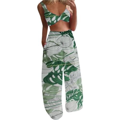 Summer Bohemian Two Piece Outfits For Women Sexy Plant Printed Sleeveless Camis Crop Tops Trousers Sets Vetement Femme 2021 A40