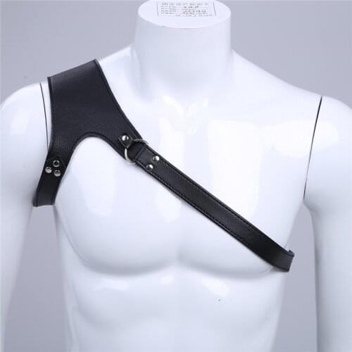 Mens Lingerie Nightclub Cosplay Clothes Faux Leather Adjustable One-shoulder Body Chest Harness Bondage Costume with Buckles