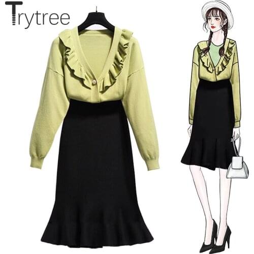 Trytree 2020 Autumn Winter Two piece set Casual V-neck Single Breasted Top + Skirt Ruffles Elastic Waist Office Lady 2 Piece Set
