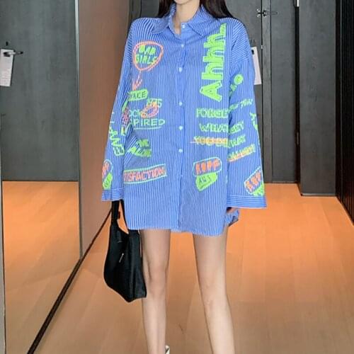 Graffiti Ink Print Stripe Long Sleeve Shirts 2020 Women Fashion Hip Hop Casual Oversized Streetwear Tops Male Punk Rock Tops