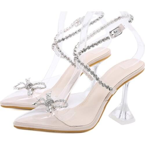 Diamond Bow-knot Decor Ankle Buckle Strap Kitten High Heel Women Sandals Pointed Toe Crystal Summer Slingback Pumps For Lady