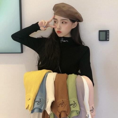 Fall Winter Women Pullovers Sweater Knitted Elastic Casual Jumper Fashion Letter Embroidery Turtleneck Warm Slim Female Sweaters