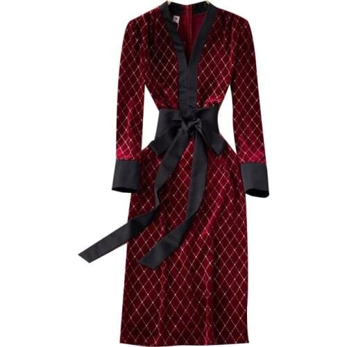 Autumn Womens Retro Velvet Temperament Bag Hip Skirt, Female Hit Color Bow Knot Waist V-neck Split Dress