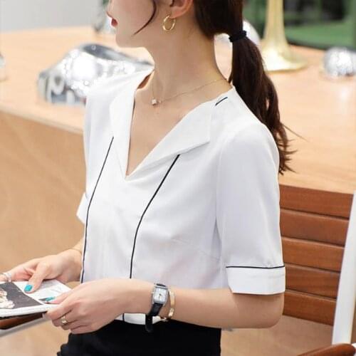 Womens Spring Summer Style Chiffon Blouses Shirt Womens Elegant V-neck Patchwork Short Sleeve Casual Temperament Tops DD8644