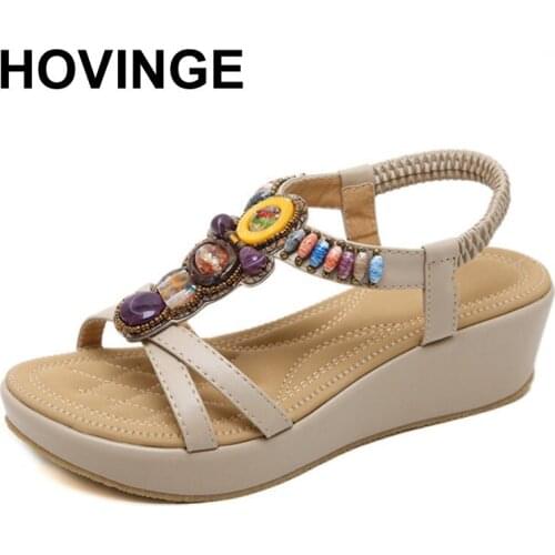HOVINGE New Bohemia Wedge Women Sandals Summer Fashion beaded Vintage Woman Flip Flops Beach Women Shoes