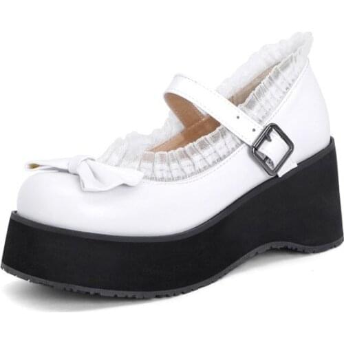 Women Platform Lolita Mary Jane Shoes Goth Cute Vintage Lace Bow Edge Strap Buckle Round Toe Chunky Heel Kawaii Japanese Cosplay