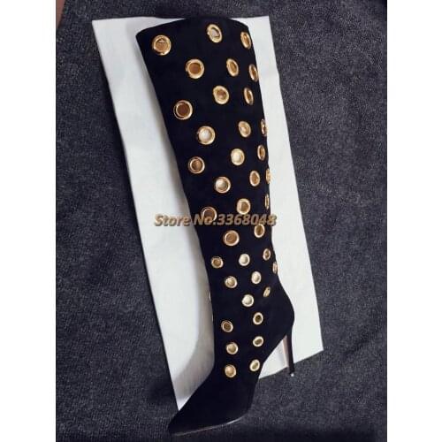 Suede Knee High Boots Metal Hollow Thin High Heel Dress Women Autumn Spring Winter Boots Real Picture Custom Made Hole Decor