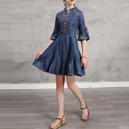 SeeBeautiful Vintage Denim Dress Female Ruffles Embroidery V-neck Flare Sleeve Loose Spring 2021 New Fashion L155