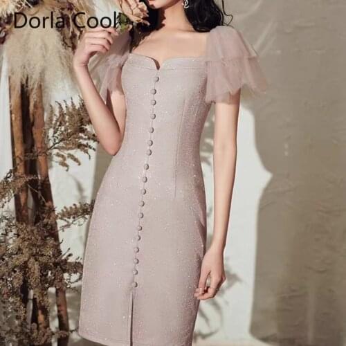 New Korean Womens Slim Bling Bling Dress Slash Neck Mesh Flare Sleeves Dresses 2021 Summer Elegant Lady Party Button Vestidos