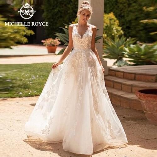 Michelle Royce A-Ling Wedding Dresses 2020 Sexy V-Neck Sleeveless Appliques Zipper Chapel Train Wedding Gowns Vestido De Noiva