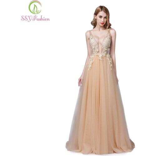 SSYFashion New High-end Evening Dress Luxury Champagne V-neck Lace Flower Beading Backless Sexy Formal Prom Gown Robe De Soiree