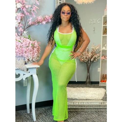 BKLD Sexy Club Outfits For Women 2021 Summer Bodycon Maxi Dress Sleeveless Casual Slim Split Hollow Out Mesh Sheer Dress
