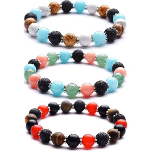 Energy Stone Bracelets Rainbow Mixed Stones Turquoises Lapis Lazuli Tiger Eye Black Lava Mala Beads Bracelets Men Women Jewelry