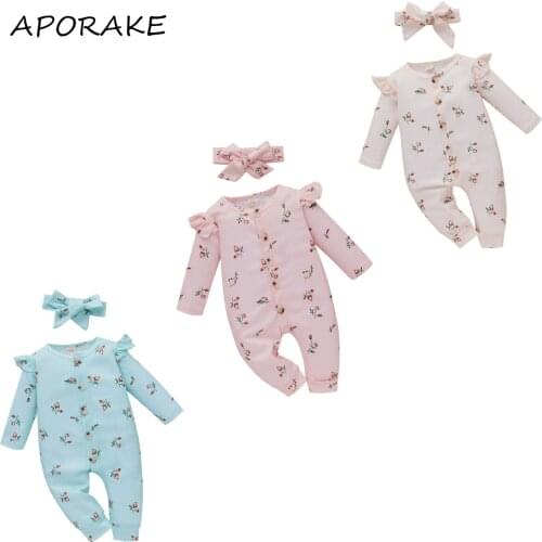 2021 3-18M Sweet Baby Girl Romper with Headband Kids Flower Print O-Neck Long Sleeve Button Jumpsuit Spring Fall Cotton Outfit
