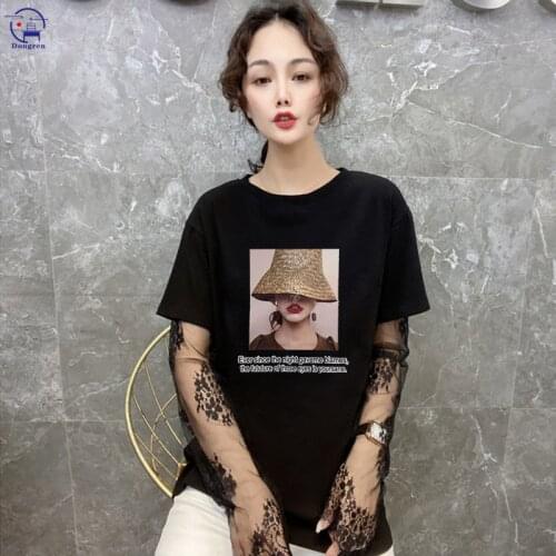 T-shirts Women Ladies Fashion Clothes Graphic Tshirt Top Lady Print Female Tee T-Shirt short sleeve lace stitching