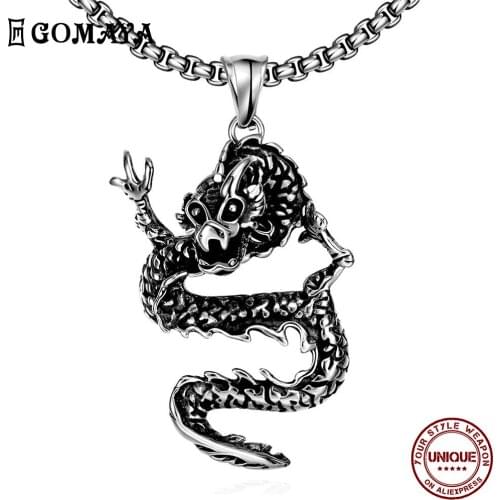 GOMAYA Stainless Steel Necklaces For Men Black Dragon Shape Punk Vintage Fashion Jewelry Gothic Style Animal Party Gift On Sale