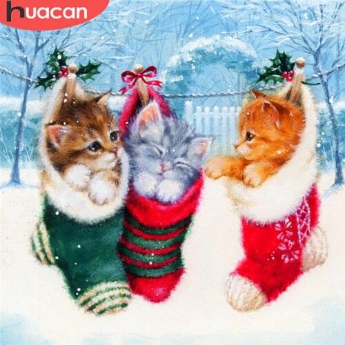 HUACAN 5D DIY Diamond Painting Cat Full Square Handicraft Diamond Embroidery Animal Rhinestone Kit Winter Christmas Socks Gift