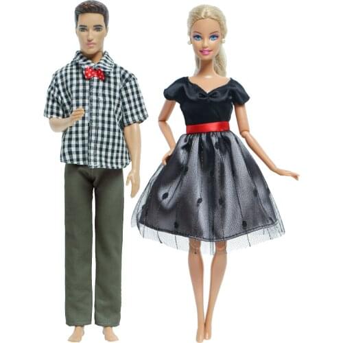 2 Set Outfit = Mens Classic Plaid Shirt Suit + Girl Dress Cute Skirt Daily Wear Accessories Clothes for Barbie for Ken Doll