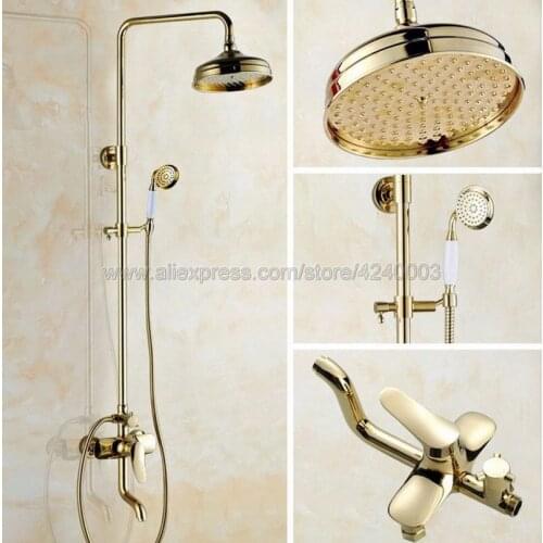 Gold Color Brass Rainfall 8" Bath Shower Mixer Faucet Set Wall Mounted with Hand Shower Swivel Tub Spout Shower Taps Kgf311