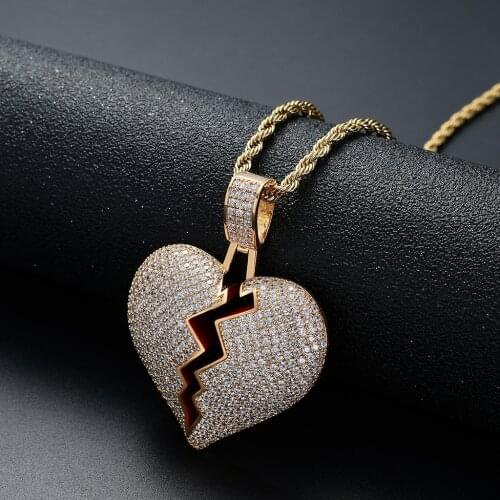 Hip Hop Rapper Copper Necklace Zircon Broken Heart Shaped Pendant