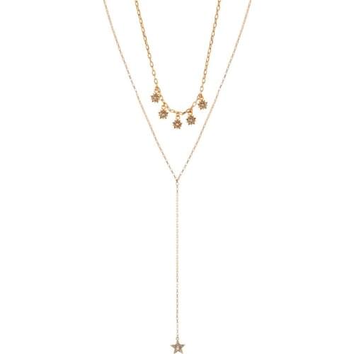 Fashion Women Jewelry Long Chain Gold Color Crystal Star Pendant Necklace Double Layers Choker Necklace Woman Collar Necklace