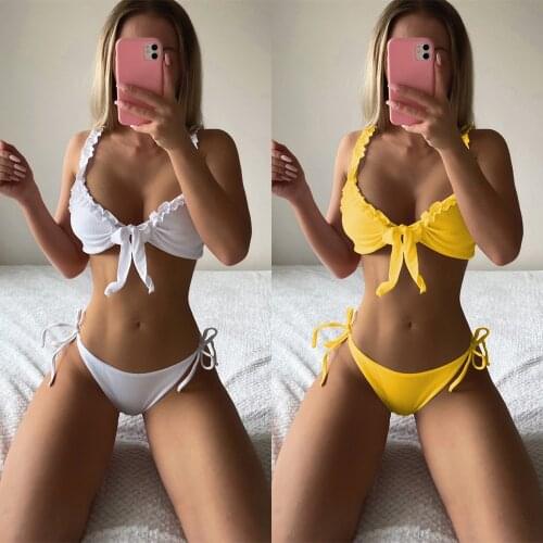 New solid-colored bikini womens swimwear European and American flower swimsuit lotus leaf side swimwear bikini bikini Push Up