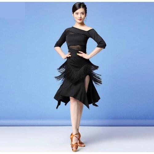 New Women Ballroom Dance Clothes Sexy Mesh Salsa Samba Middle Sleeve Spandex 2 Pieces Fringes Latin Dresses Top And Short Skirt