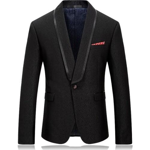Solid Black Blazer Men Jacquard Slim Fit Blazer With Satin Piping Collar Suit Jacket Dinner Blazer Homme Formal Blazers For Men