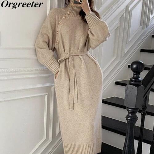 Fall Winter Elegant Turtleneck Knitted Dress Belt Slanted Buttons Batwing Sleeve Warm Thicken Pullover Slim Waist Sweater Dress