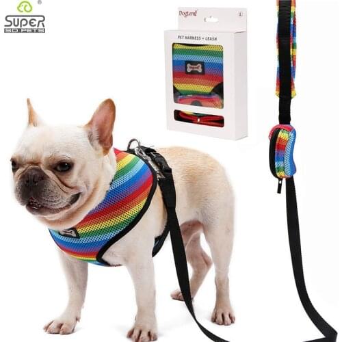 Dog Harness Leash Set with Poop Bag Soft Breathable Rainbow Mesh French Bulldog Vest Adjustable Jogging Pet Leash Harness SP
