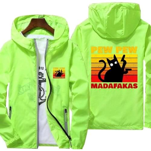 Pew Pew Madafakas Black Cat Jacket Autumn reflective zipper Windbreaker waterproof Jackets men street casual Hooded thin Coats