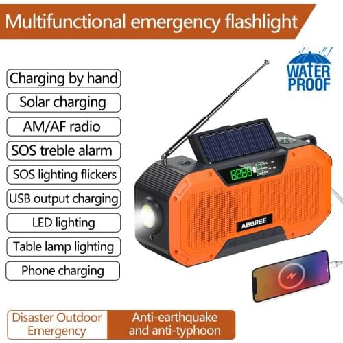 ABBREE Waterproof Auto Scan AM/FM/NOAA Emergency Radio Charge by Solar Power Hand Crank USB charger Power Bank for Cellphone