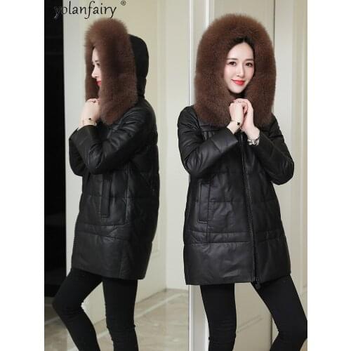 Real Sheepskin Coat Female Winter Genuine Leather Jacket Women 90% White Duck Down Jacket Fox Fur Collar Hooded Veste Cuir Femme