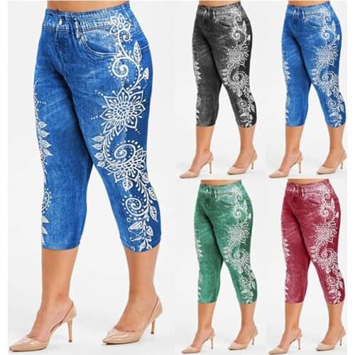 Printed False Denim Short Leggings 3\4 Women Jeans Leggings High Waist Breeches Capri Pants Super Elastic Jeggings