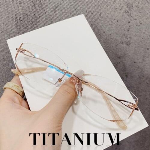 Bluelight Blocking Titanium Womens Frameless Myopia Glasses Lady Customized Prescription Diamond Cutting Ti Reading Glasses