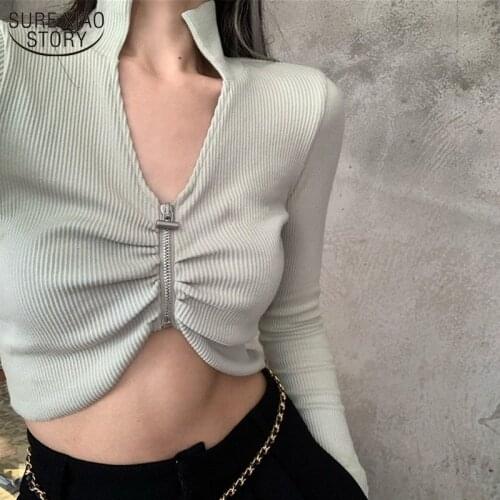 2021 Spring Autumn Korean Short Sweater Polo Collar Zipper Tops Long Sleeve Slim Coat Women Sexy Streewear Crop Tops Women