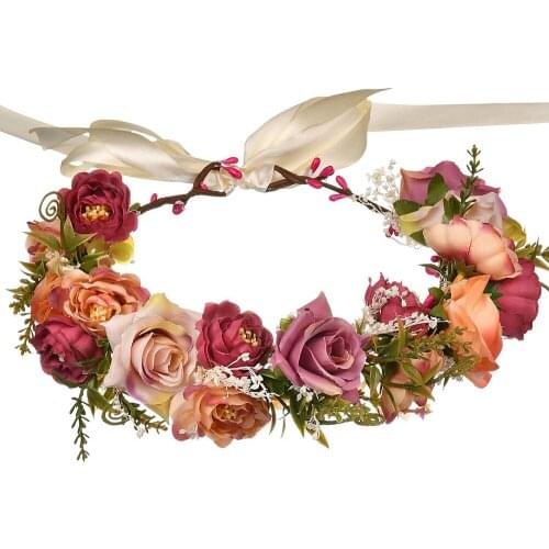 Women Girls Vivid Rose Flower Bohemian Hairband Floral Headband Garland Bridal Ribbon Hair Accessories Wedding Decor