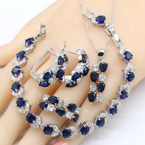 Dark Blue Sapphire 925 Silver Jewelry Sets For Women Hoop Earrings Bracelet Rings Necklace Pendant Birthday Gift