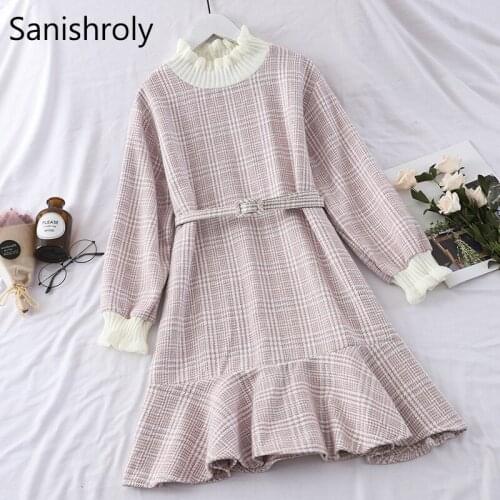 Sanishroly 2018 Autumn Women Plaid Dress High Waist Sashes Sashes Trumpet Dresses Female Long Sleeve A-line Dress Vestidos SE316