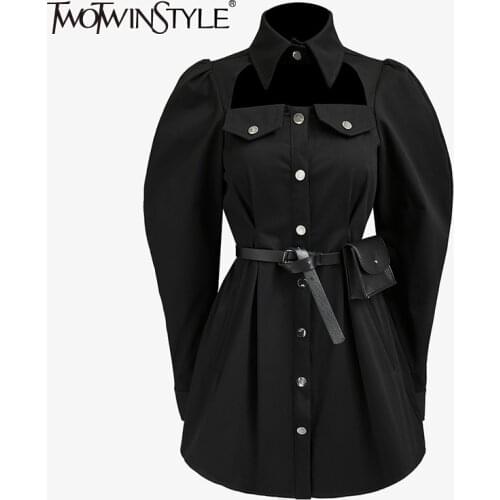 TWOTWINSTYLE Casual Black Shirt Dress For Women Lapel Long Sleeve High Waist Pocket Mini Dresses Female Fashion New Clothing