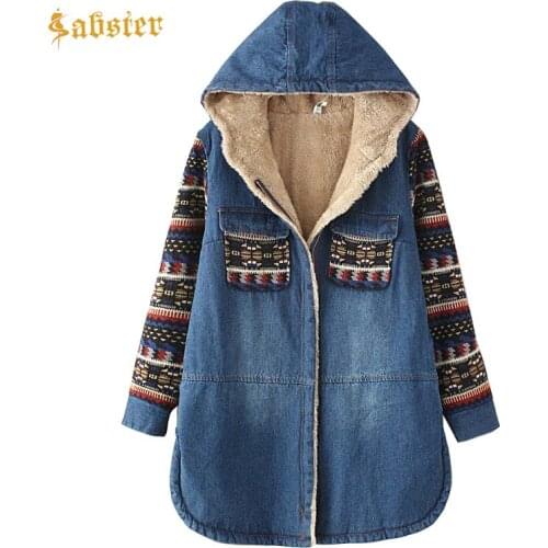 2019 Winter Women Fashion Hooded Denim Jacket Vintage Long Style Thicken Warm Overcoats Fleece Cotton Denim Coats XZ446