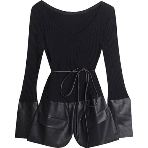 2021 New Patchwork PU Sweaters For Female O Neck Long Sleeve High Waist Slimming Lace Up Bowknot Womens Elegant Sweater 2021