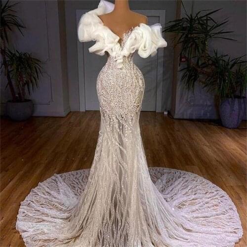 2021 Plus Size Mermaid Wedding Gowns Arabic Aso Ebi Luxurious Stylish Pearls Beaded Sheer Neck Sexy Bridal Gowns
