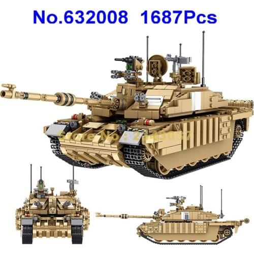 632008 1687pcs Military Challenger Main Battle Tank Ww2 Army Soldier 5 Building Blocks Toy