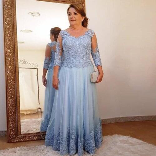Modest Jewel Blue Mother of Bride Dress with Sleeves A-line Plus Size Wedding Party Dress Formal Gown for Mother